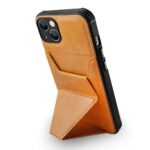 Leather phone case with a built-in stand and card holder.