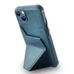 Blue phone case with built-in kickstand and card holder.