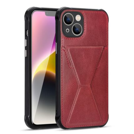 Smartphone with a stylish brown leather case featuring geometric stitching.