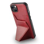 Red phone case with a built-in foldable stand and card holder.