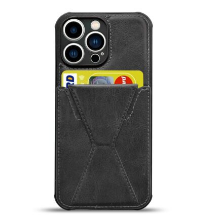 Black leather phone case with card slots holding two cards.