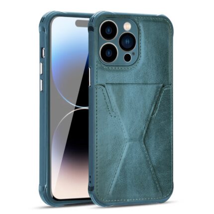 Luxury teal leather phone case with sleek design on smartphone.