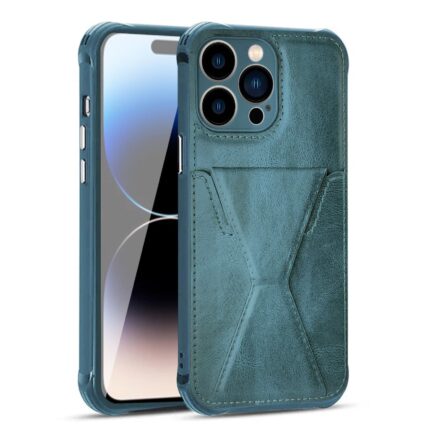 Sleek blue leather phone case with card slot for iPhone.