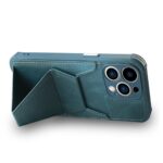 Green phone case with a built-in stand holding a smartphone.