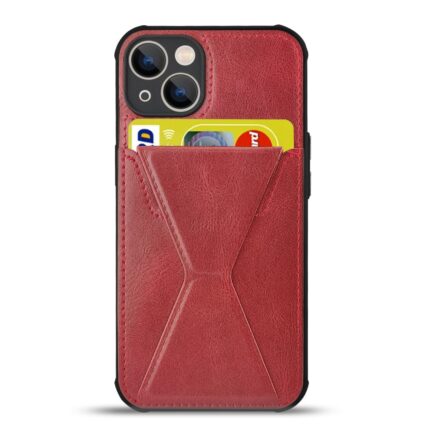 Red leather phone case with card slots holding credit cards.