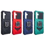 Four colorful rugged phone cases with built-in ring holders.