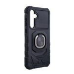 Black rugged phone case with a built-in ring holder and camera cover.
