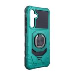 Rugged teal phone case with built-in ring holder and camera protection.