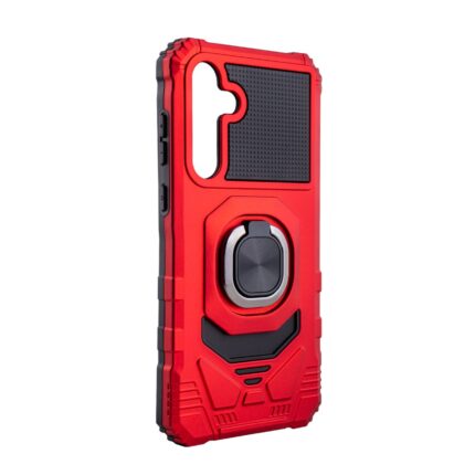 Red rugged phone case with ring holder and camera protection.