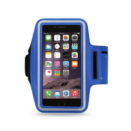 Blue and black smartphone armband holder for exercise.