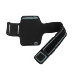 Black adjustable sports armband for holding a phone during exercise.
