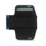 Black sports armband with blue accent for holding a phone during exercise.
