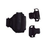 Black tactical gun holster with adjustable straps and clips.