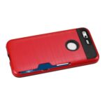 Red protective phone case with black accents and a card slot.