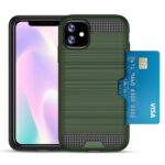 Protective phone case with a card slot holding a blue Visa card.
