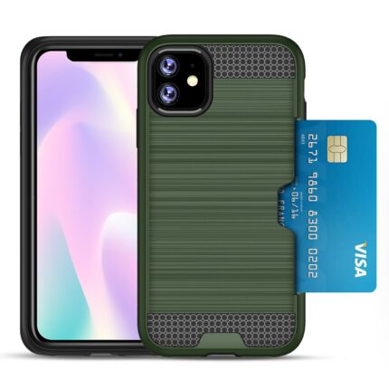 Protective phone case with a card slot holding a blue Visa card.