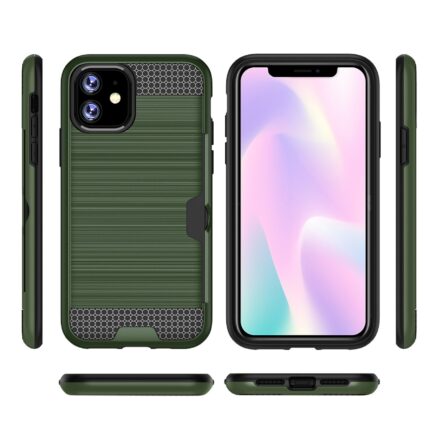 Dark green rugged phone case with textured grip and kickstand for an iPhone.