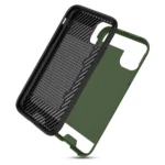 Two-piece protective phone case with carbon fiber and green design.