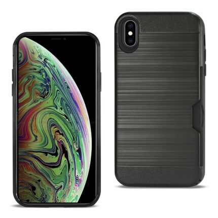 Smartphone with a sleek black textured case beside it.