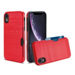Red protective phone case with card holder and phone inside.