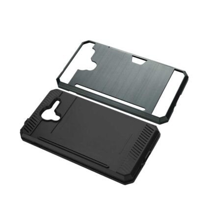 Two-piece black phone case with textured grip and cutouts.