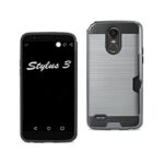 Front and back views of a Stylius 5 smartphone with a protective case.
