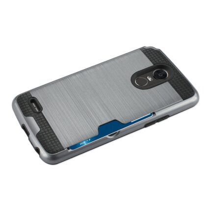A gray and black phone case with a card slot.
