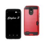 Front and back view of a Stylius 5 smartphone with a red protective case.