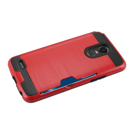 Red phone case with black accents and card slot.