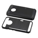Two black rugged protective phone cases with textured backs and circular camera cutouts.