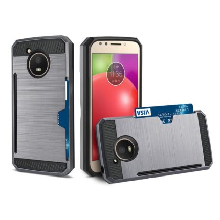 Two smartphones with metallic protective cases, one upright and one lying down.