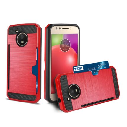Red phone case with built-in card holder for a smartphone.