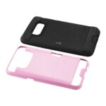 Two smartphone protective cases, one black and one pink.