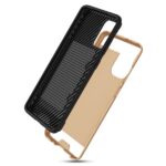 Two-piece protective phone case with black and beige colors.