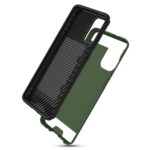 Two-piece green and black phone case with textured interior.