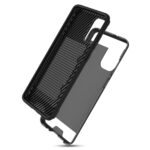 Black protective phone case with textured interior and cutouts for buttons and camera.