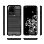 Black smartphone with textured protective case shown from multiple angles.