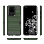 Smartphone with protective green case shown from multiple angles.