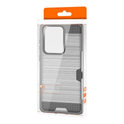 Transparent phone case with black accents in retail packaging.