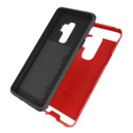 Black and red protective phone case with textured design.