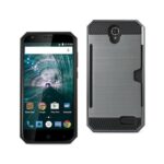 Rugged smartphone with durable gray and black casing shown from front and back.