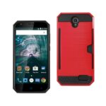 Rugged smartphone with a red and black protective case shown from front and back.