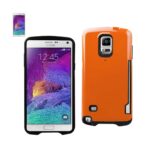 Samsung smartphone with a protective orange case and screen protector.