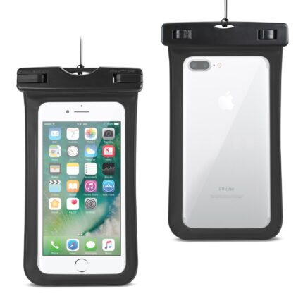 Waterproof phone pouch with clear front and back for iPhone protection.