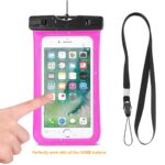 Pink waterproof phone pouch with lanyard for underwater use.