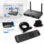 Complete setup for a Superstock SS Pro streaming device with accessories.