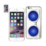 A white iPhone and a white case with blue circular designs.