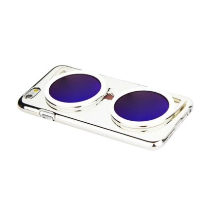 A sleek white phone case with two large circular purple lenses.
