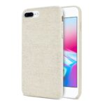Beige fabric phone case on a white smartphone.