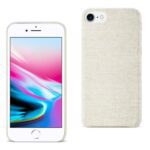 White iPhone with colorful screen and beige fabric case.
